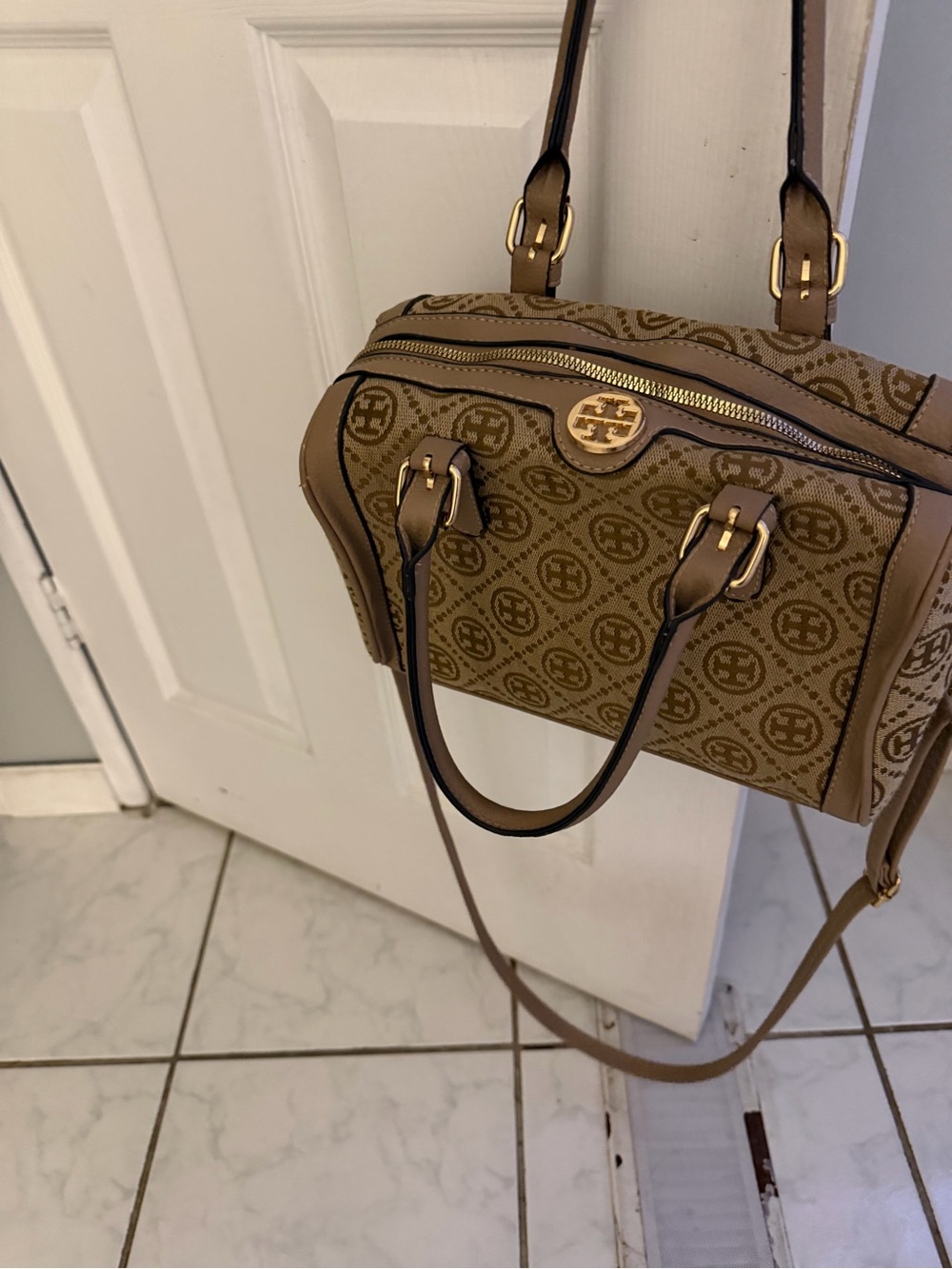 Tory Burch Brown Monogram Satchel with Gold Hardware